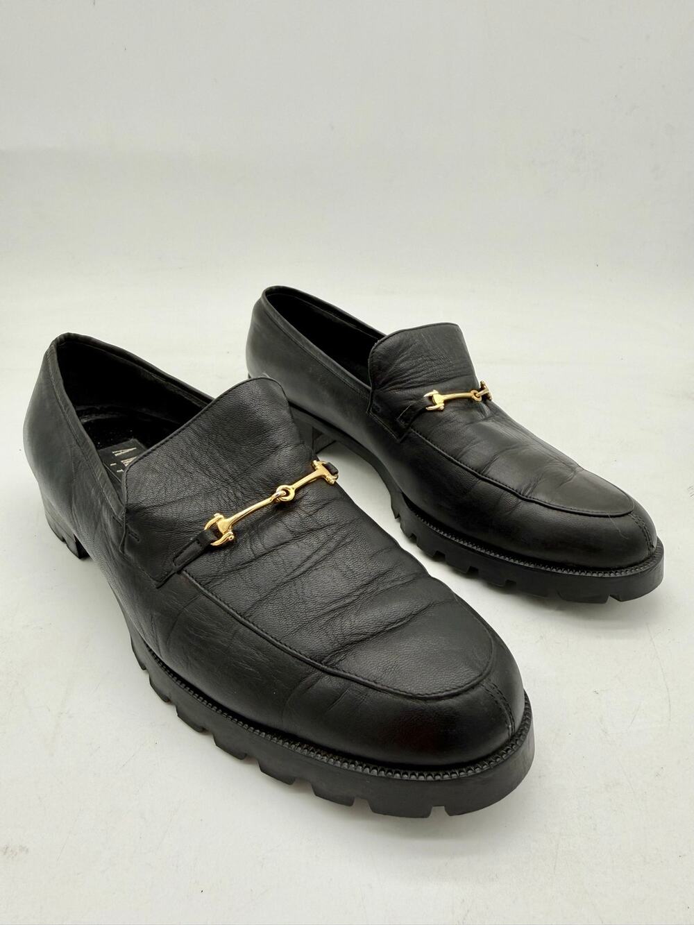 Amalfi Italy Black Leather Horsebit Lug Sole Goldtone Loafers Women's US 8.5